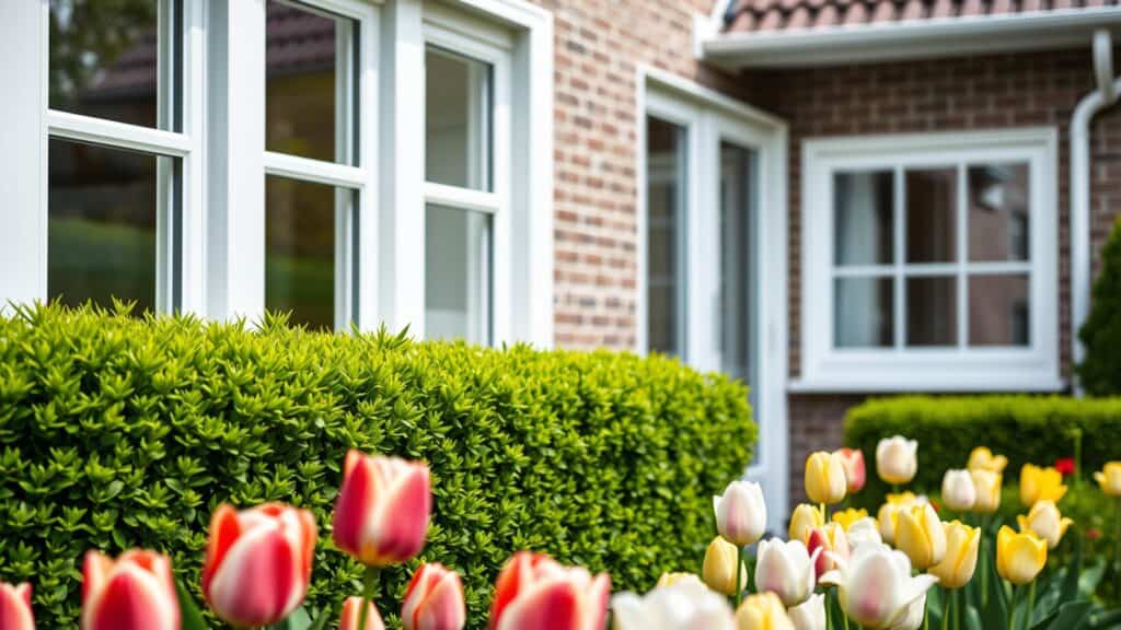 Witte kunststof kozijnen aan een Nederlands huis met een groene tuin en tulpen op de voorgrond.