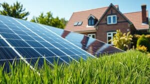 Zonnepanelen op een dak van een Nederlands huis met een groene tuin op de achtergrond.