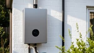 Moderne cv-ketel aan de buitenmuur van een Nederlands huis met zicht op de tuin.