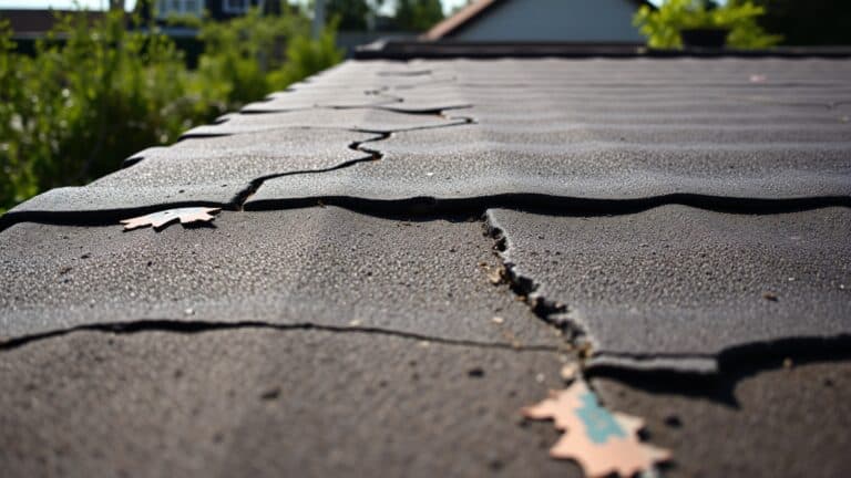 Verweerd plat dak met scheuren en afbladderende bitumen in een Nederlandse tuin.