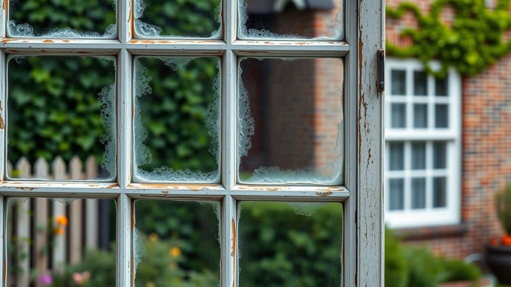 Verouderd dubbelglas met condensatie in een Nederlandse tuin, wat isolatieverlies aangeeft.