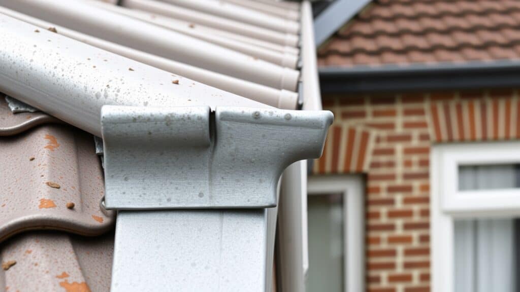 Dichtbij een verweerd zinken dakgoot met zilvergrijze patina op een Nederlands huis.