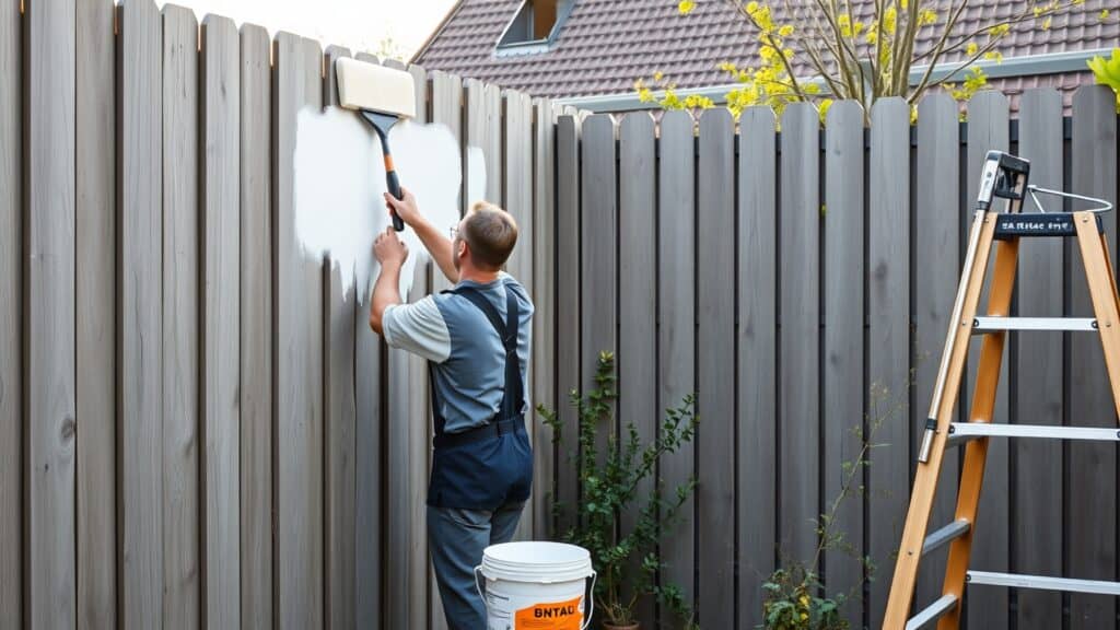 Schilder die witte verf aanbrengt op een houten schutting in een Nederlandse tuin.