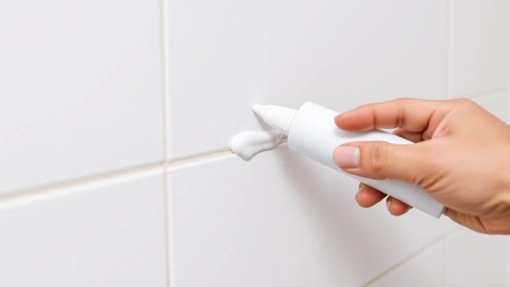 Hand die witte kit aanbrengt in de hoek van een douche, met een verse naad tegen de tegels.