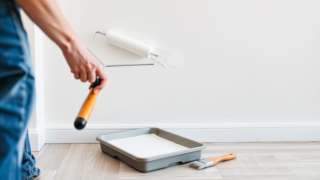 Mens die verse witte verf aanbrengt op een muur met een roller in een helder interieur.