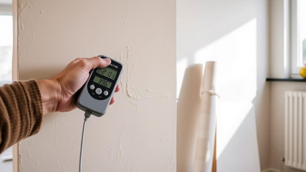 Hand met vochtmeting op vers stucwerk in een Nederlandse woonkamer, klaar om te behangen.