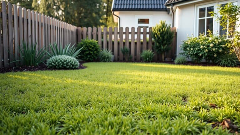 Nieuw aangelegd gazon met nog kale plekken in een Nederlandse tuin met witte gevel.