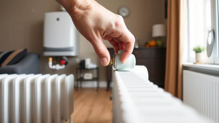 Hand draait ontluchtingsventiel van radiator in Nederlandse woonkamer met cv-ketel op de achtergrond.