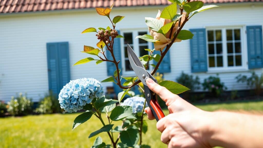 Handen die met een snoeischaar een dode tak van een hortensia knippen in een Nederlandse tuin.