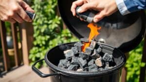 Hand steekt houtskoolpiramide aan in barbecue in Nederlandse tuin