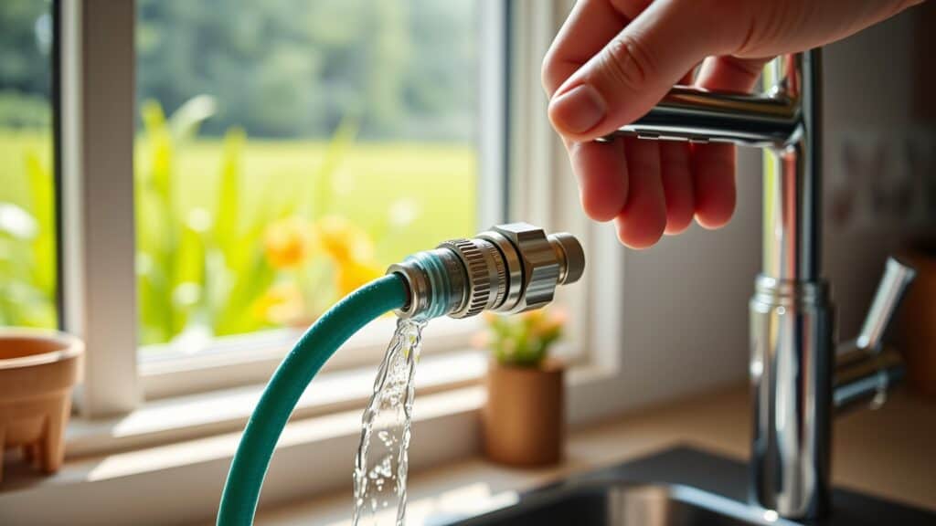 Hand die een tuinslang aansluit op een keukenkraan met een adapter in een heldere Nederlandse keuken.