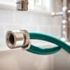 Tuinslang aangesloten op keukenkraan met adapter in de keuken.