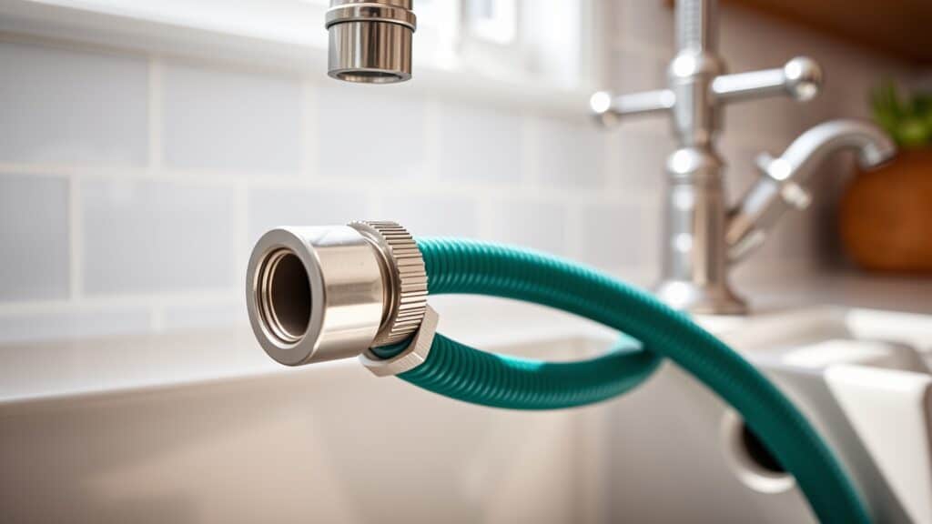 Tuinslang aangesloten op keukenkraan met adapter in de keuken.