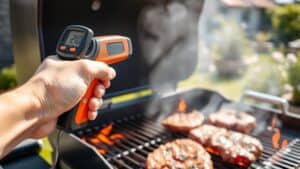 Hand met infraroodthermometer boven een gloeiende barbecue met steaks in een Nederlandse tuin.