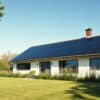 Moderne Nederlandse woning met zonnepanelen op het dak in een zonnige tuin.