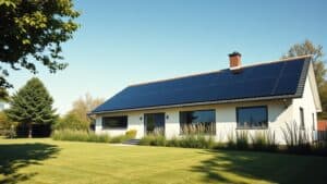 Moderne Nederlandse woning met zonnepanelen op het dak in een zonnige tuin.