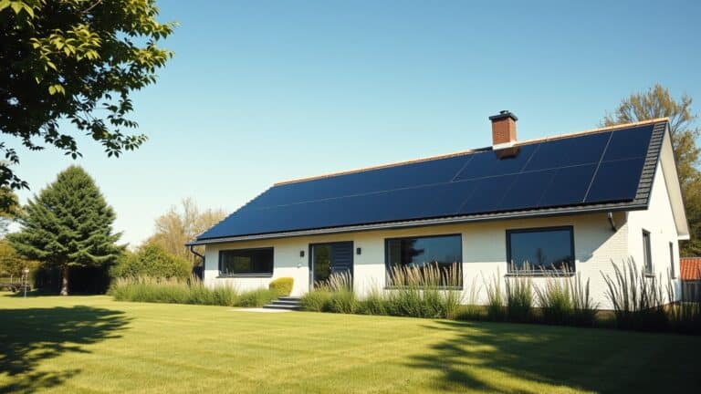 Moderne Nederlandse woning met zonnepanelen op het dak in een zonnige tuin.