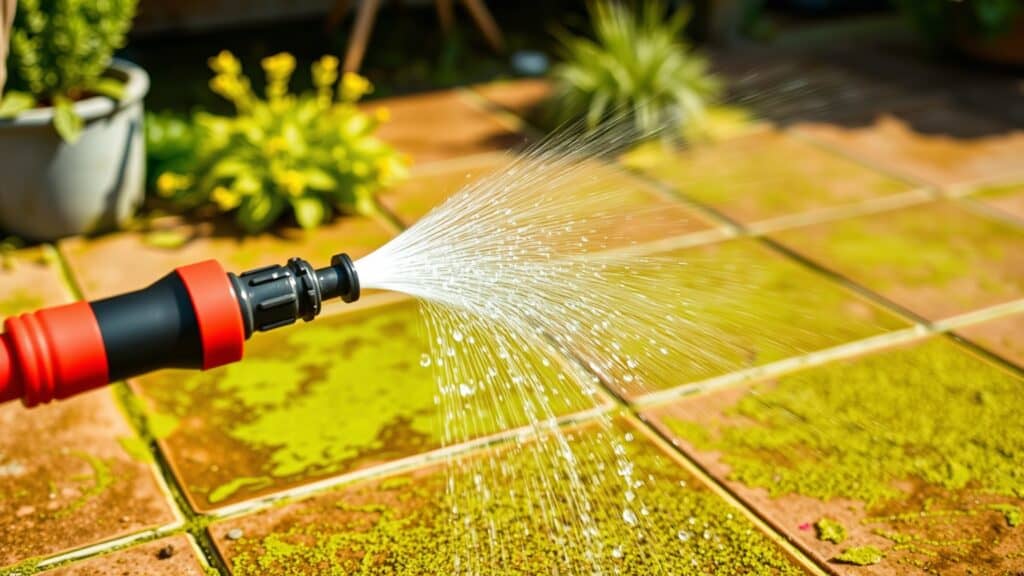 Hogedrukreiniger die groene aanslag van tegels in een Nederlandse tuin verwijdert.