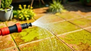 Hogedrukreiniger die groene aanslag van tegels in een Nederlandse tuin verwijdert.