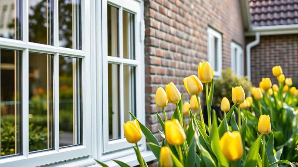 Witte kunststof kozijnen aan de gevel van een Nederlands huis met een groene tuin op de voorgrond.