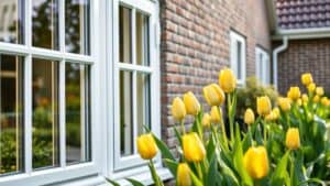 Witte kunststof kozijnen aan de gevel van een Nederlands huis met een groene tuin op de voorgrond.