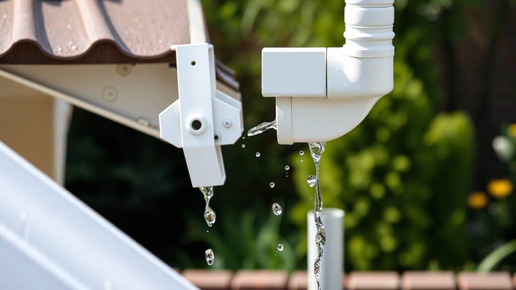 Dakgoot met zichtbaar afschot in een Nederlandse tuin, waar regenwater afvloeit.