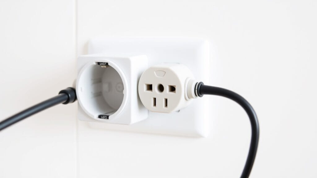 Nederlands 16-ampere stopcontact met een volgepakt verlengsnoer in een keuken.