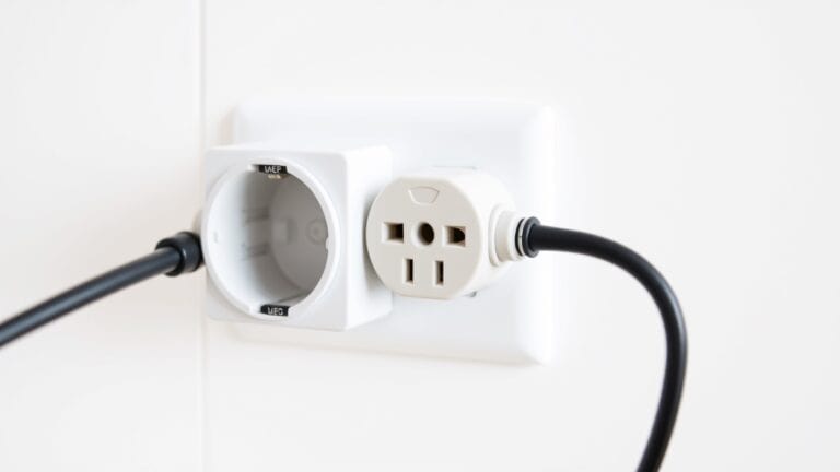 Nederlands 16-ampere stopcontact met een volgepakt verlengsnoer in een keuken.