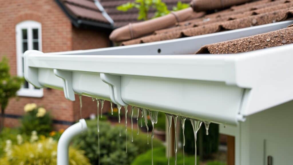 Witte PVC dakgoot met regelmatig geplaatste beugels in een Nederlandse tuin, gevuld met regenwater.