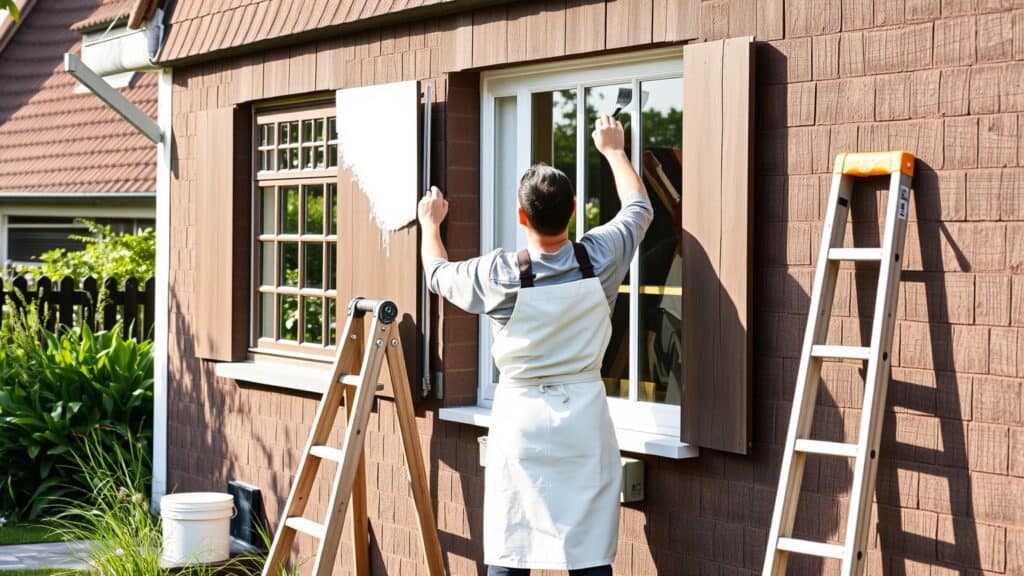 Schilder in wit overall die een kozijn van een Nederlands huis schildert in de tuin.