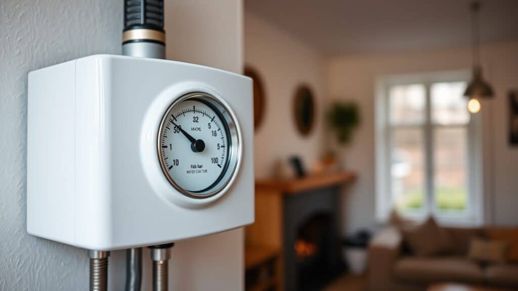 Close-up van een cv-ketel met manometer die 1,5 bar aangeeft in het groene vlak.