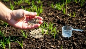 Hand strooit graszaad op kale aarde in een Nederlandse tuin met een meetbeker erbij.