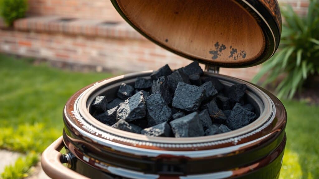Keramische kamado grill in een Nederlandse tuin met een stapel houtskool in de open deksel.