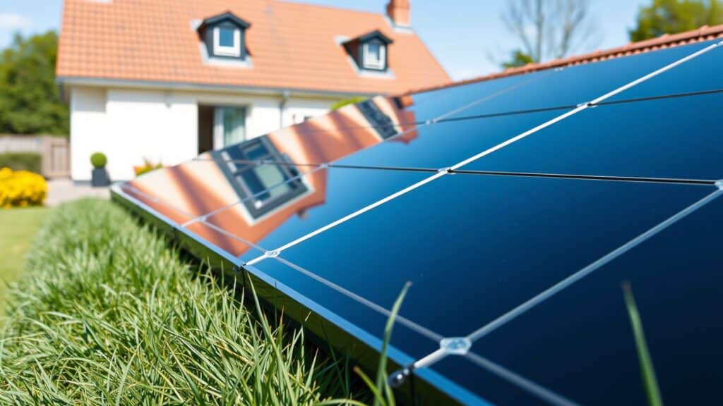 Moderne zonnepanelen op een dak in een zonnige Nederlandse tuin met groen gras en een huis op de achtergrond.