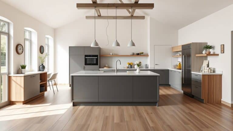 Moderne Nederlandse keuken met 120 cm loopruimte tussen het eiland en het keukenblok.