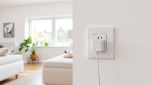 Wit stopcontact aan de muur in een Nederlandse woonkamer met een aangesloten oplader.