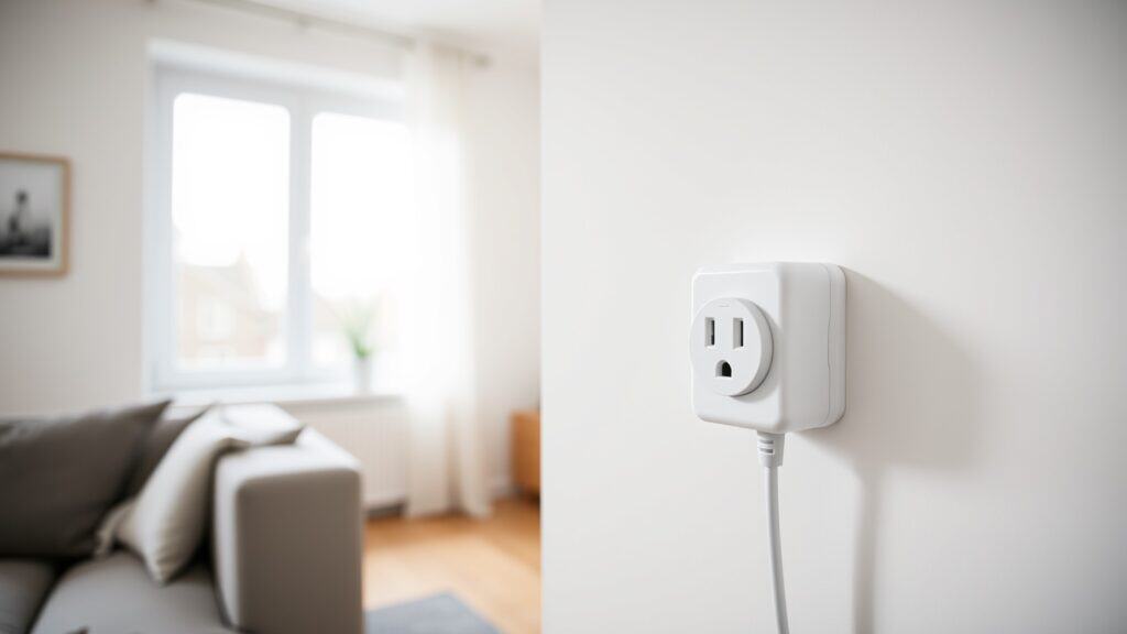 Modern stopcontact in een nette Nederlandse woonkamer met aangesloten snoer, veilig en ordelijk.