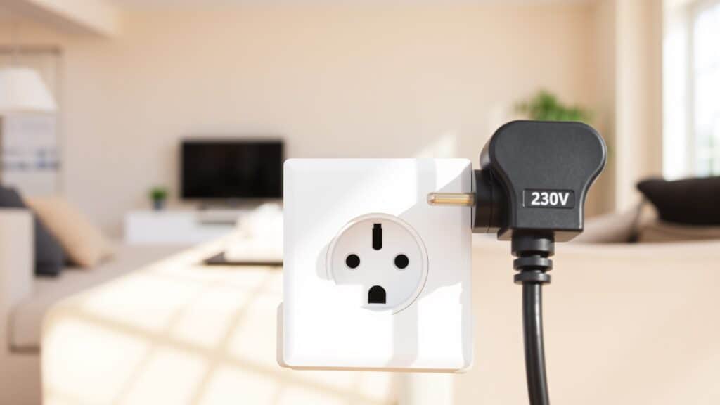 Nederlands stopcontact met stekker in een lichte muur, voorbeeld van 230 volt netspanning.