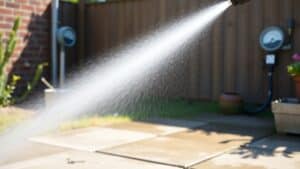 Hogedrukreiniger die een terras reinigt met een krachtige waterstraal, met een watermeter op de achtergrond.