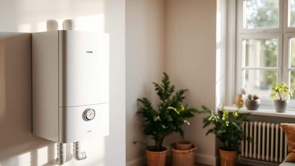 Moderne cv-ketel aan de muur in een Nederlandse woonkamer met zichtbare leidingen en digitale display.