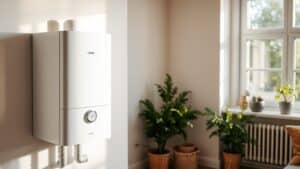 Moderne cv-ketel aan de muur in een Nederlandse woonkamer met zichtbare leidingen en digitale display.