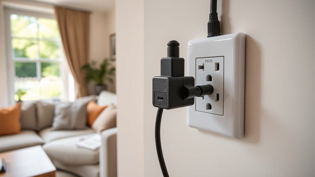 Nederlands stopcontact met een volgepropte stekkerdoos in een woonkamer met uitzicht op de tuin.