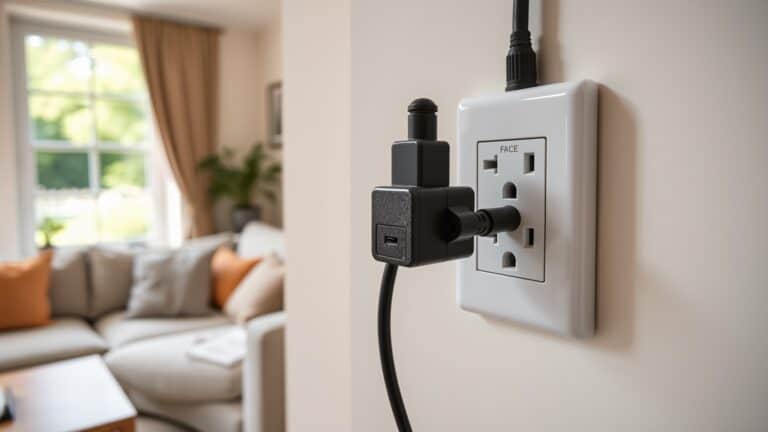 Nederlands stopcontact met een volgepropte stekkerdoos in een woonkamer met uitzicht op de tuin.