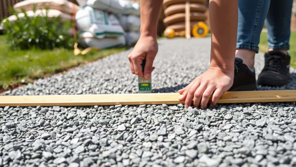 Persoon verspreidt 5 cm grind op een tuinpad met een waterpas, met zakken grind op de achtergrond.