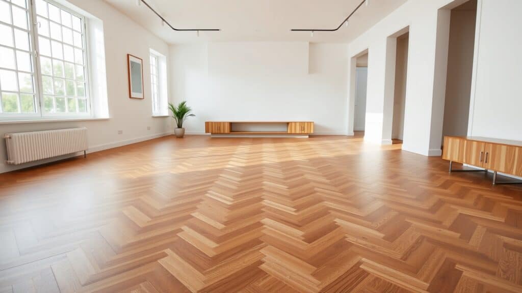 Moderne woonkamer met een strakke eikenhouten vloer in een Hongaarse punt legpatroon.