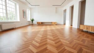 Moderne woonkamer met een strakke eikenhouten vloer in een Hongaarse punt legpatroon.