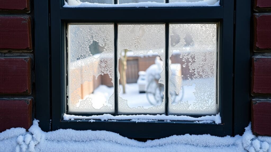 Koude enkelglas ruit met rans aan een raam van een oud Nederlands huis in de winter.