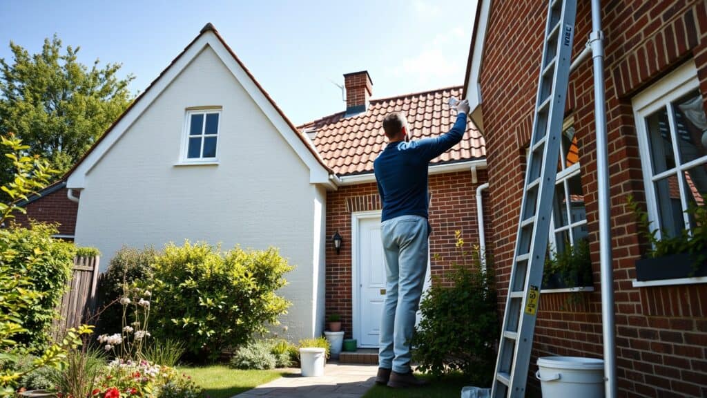 Schilder die een Nederlandse bakstenen gevel wit schildert met een ladder en verfemmer in de tuin.