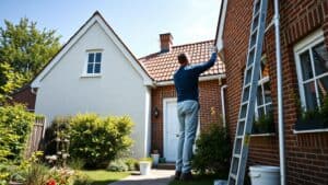 Schilder die een Nederlandse bakstenen gevel wit schildert met een ladder en verfemmer in de tuin.