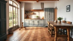 Klassieke keuken met visgraat houten vloer en rustieke tafel in een Nederlandse woning.